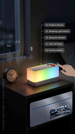Global Prime Essential ambient sound machine with 8 nature sounds, night light, breathing therapy, and Bluetooth speaker for restful sleep.
