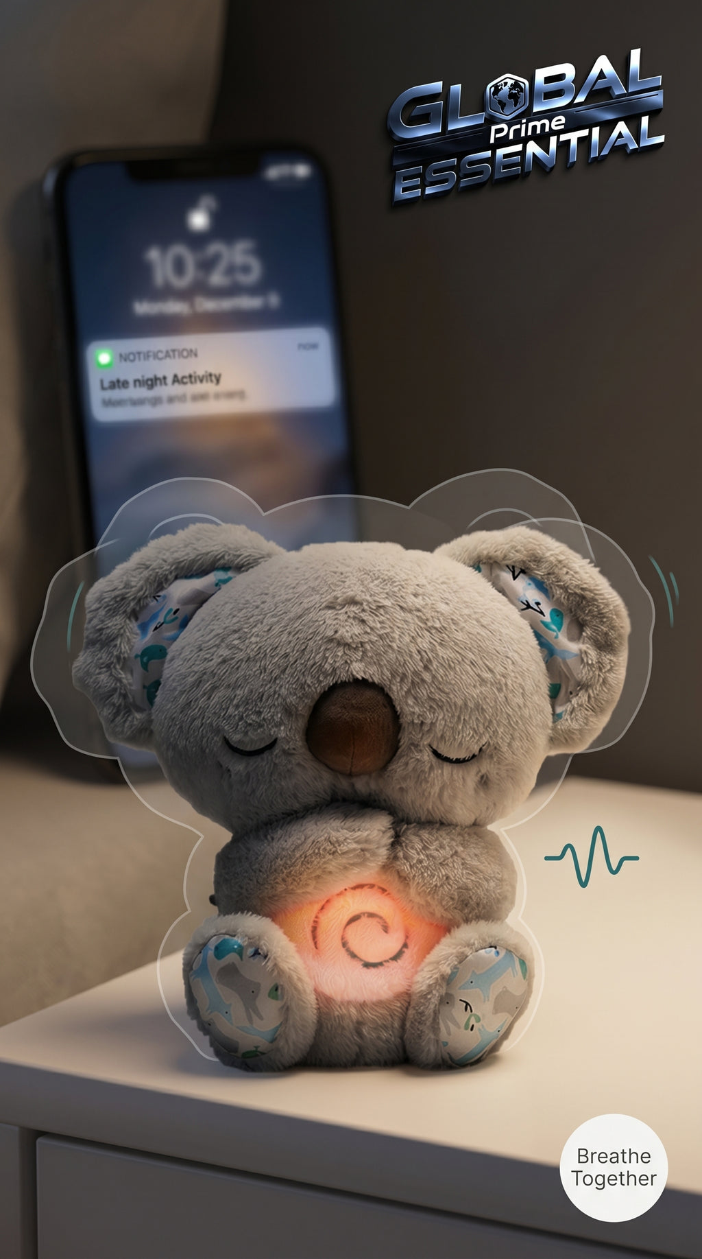 Global Prime Essential Breathing Koala stress relief toy with soft plush fabric and calming design for relaxation.