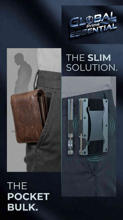 Global Prime Essential minimalist RFID blocking aluminum wallet with slim design, holding 15 cards and cash strap in a sleek pocket.