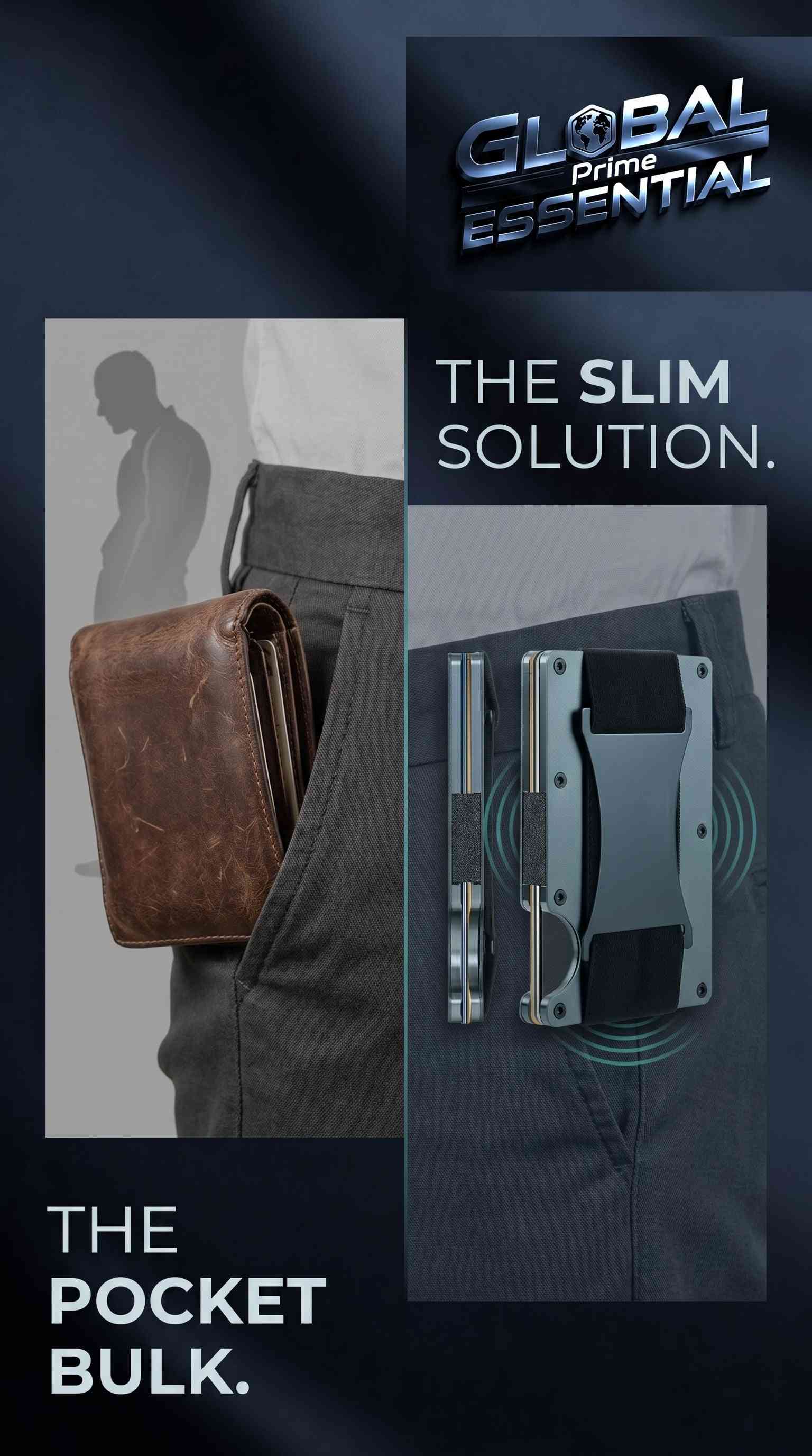 Global Prime Essential minimalist RFID blocking aluminum wallet with slim design, holding 15 cards and cash strap in a sleek pocket.