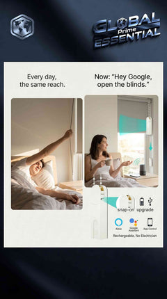 Global Prime Essential smart roller blinds with WiFi, Alexa, and Google Home compatibility, controlled via app or voice.