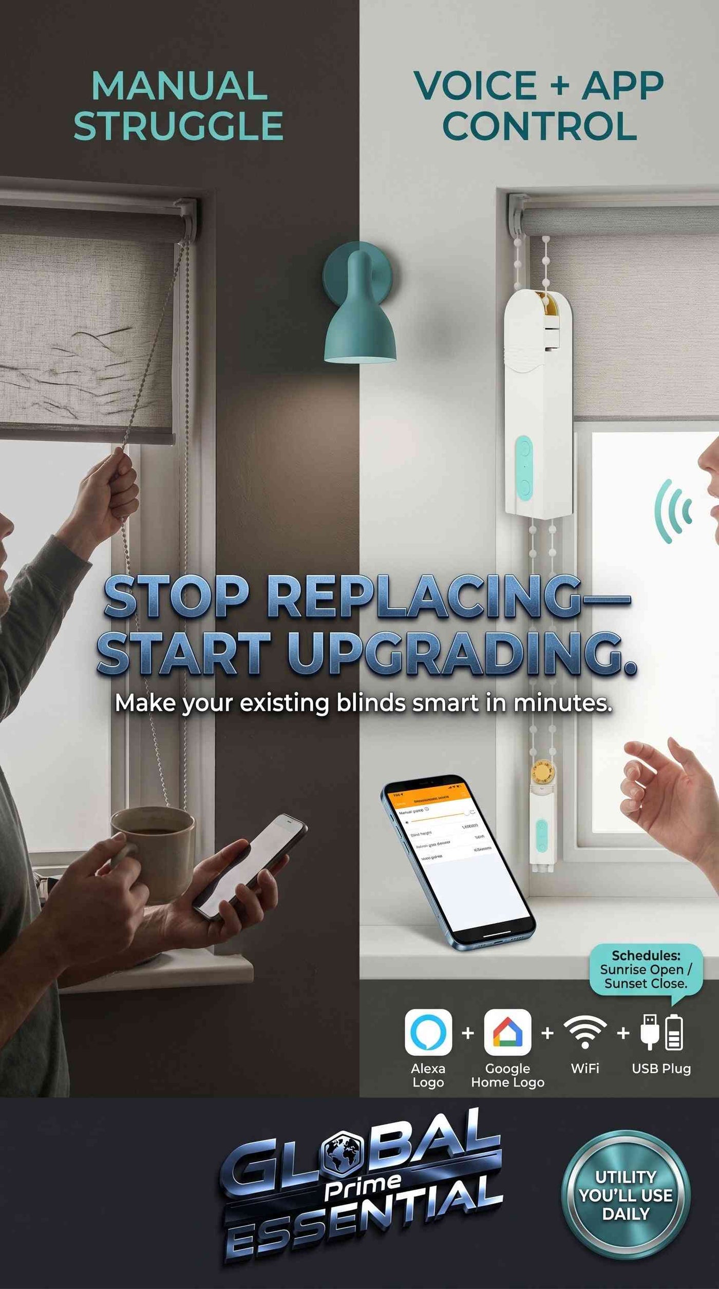 Global Prime Essential smart roller blinds motor with WiFi, Alexa, Google Home compatibility, app and voice control for automated window shading.