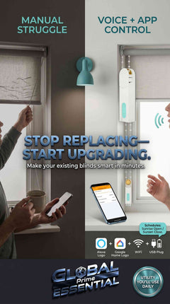 Global Prime Essential smart roller blinds motor with WiFi, Alexa, Google Home compatibility, app and voice control for automated window shading.