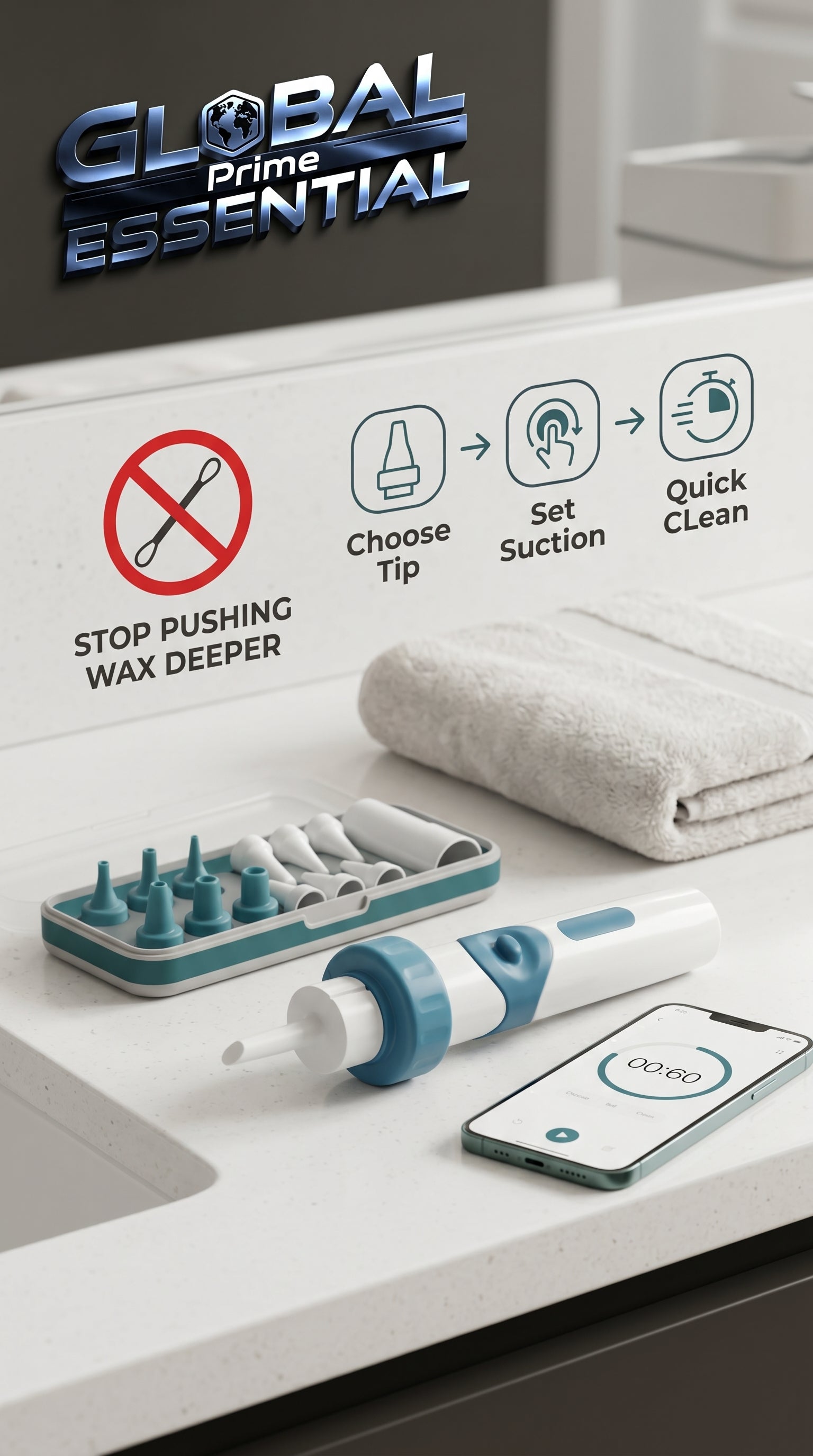 Global Prime Essential electric earwax suction remover with ergonomic design and built-in light for safe, effective ear cleaning.