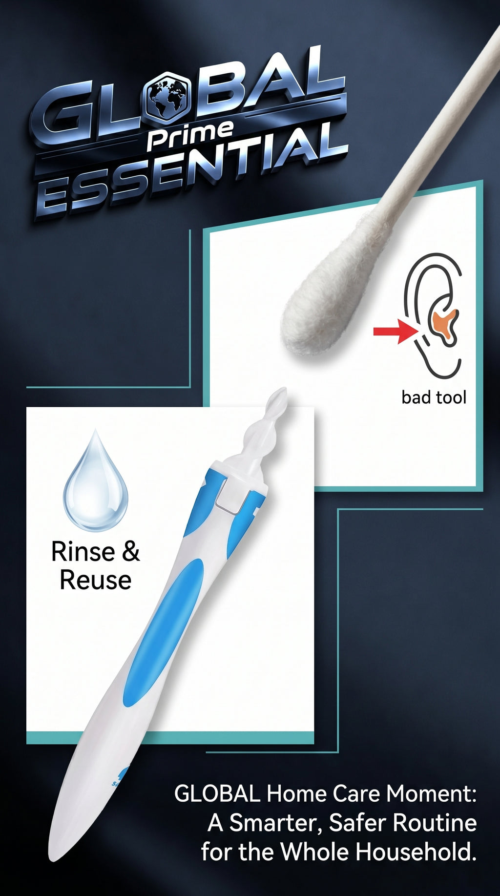 Global Prime Essential silicone ear cleaner with soft tips for safe, gentle ear cleaning and hygiene.