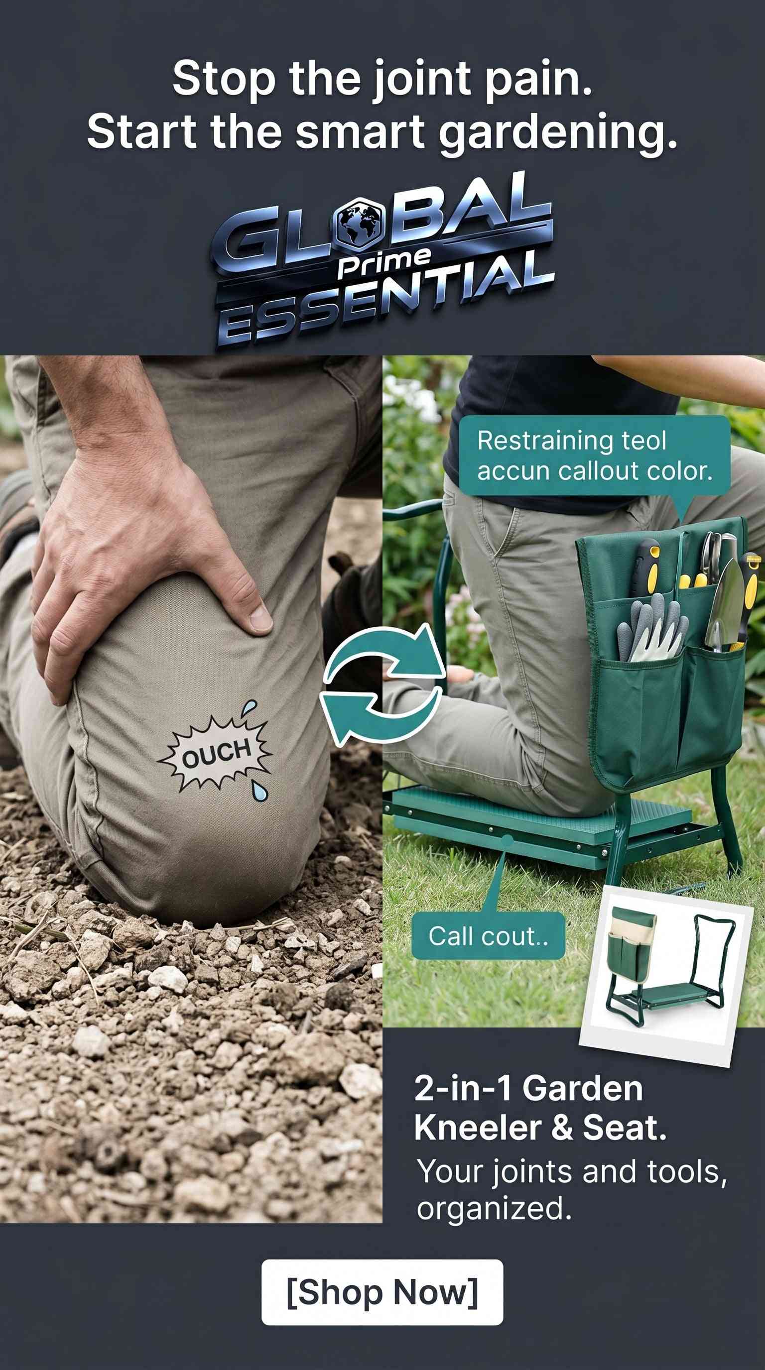 Global Prime Essential 2-in-1 garden kneeler and folding chair with padded knee rest and tool organizer for comfortable gardening.