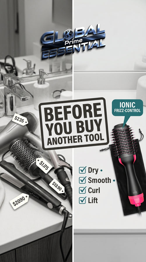 Global Prime Essential 4-in-1 hair dryer brush for straight, curly, and wavy hair, combines ionic blow dryer and volumizer.