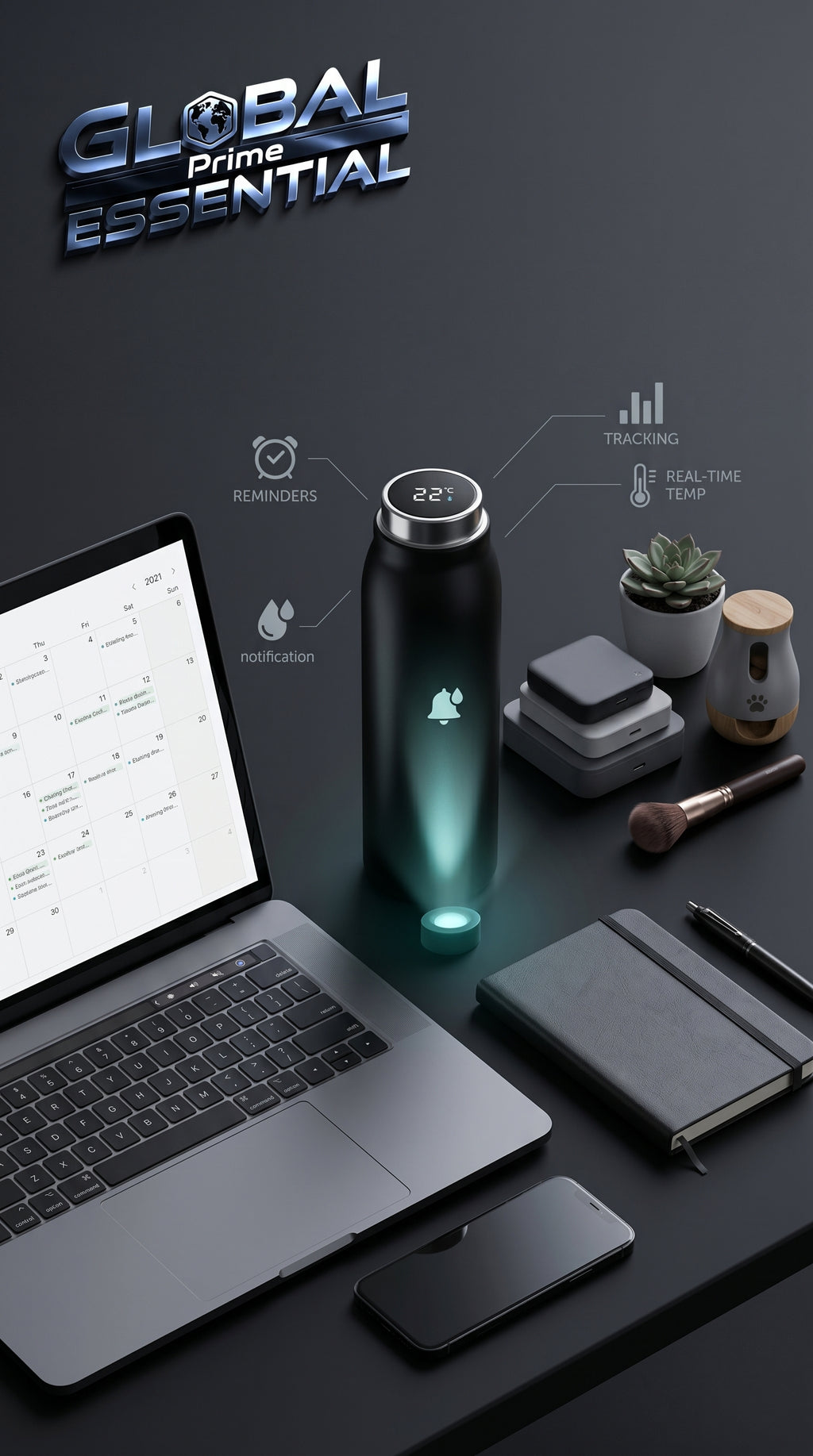 Smart Tuya water bottle by Global Prime Essential with LED hydration indicator and sleek design for smart hydration tracking.