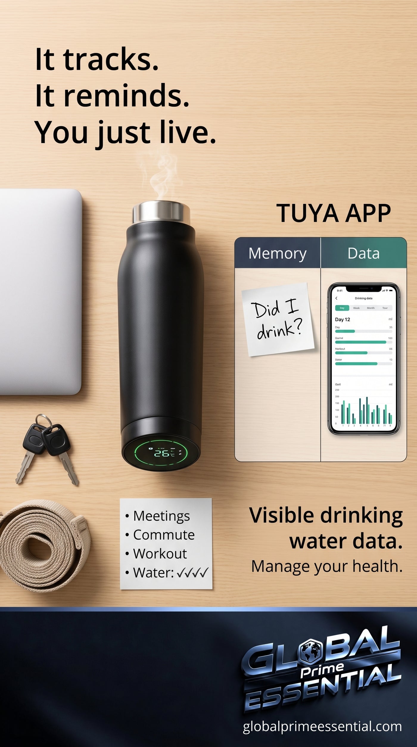 Smart Tuya water bottle by Global Prime Essential with digital hydration tracking display and sleek design.