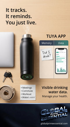 Smart Tuya water bottle by Global Prime Essential with digital hydration tracking display and sleek design.