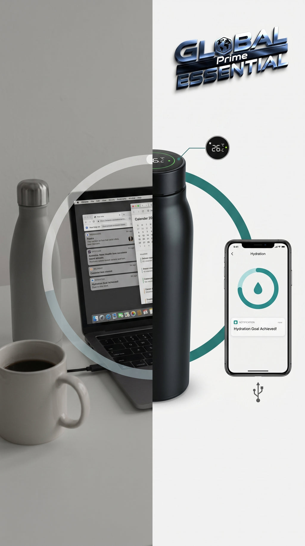 Smart Tuya water bottle by Global Prime Essential with digital hydration tracking and sleek design.
