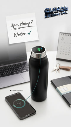 Smart Tuya water bottle by Global Prime Essential with smart hydration features on autopilot display, sleek and portable design.