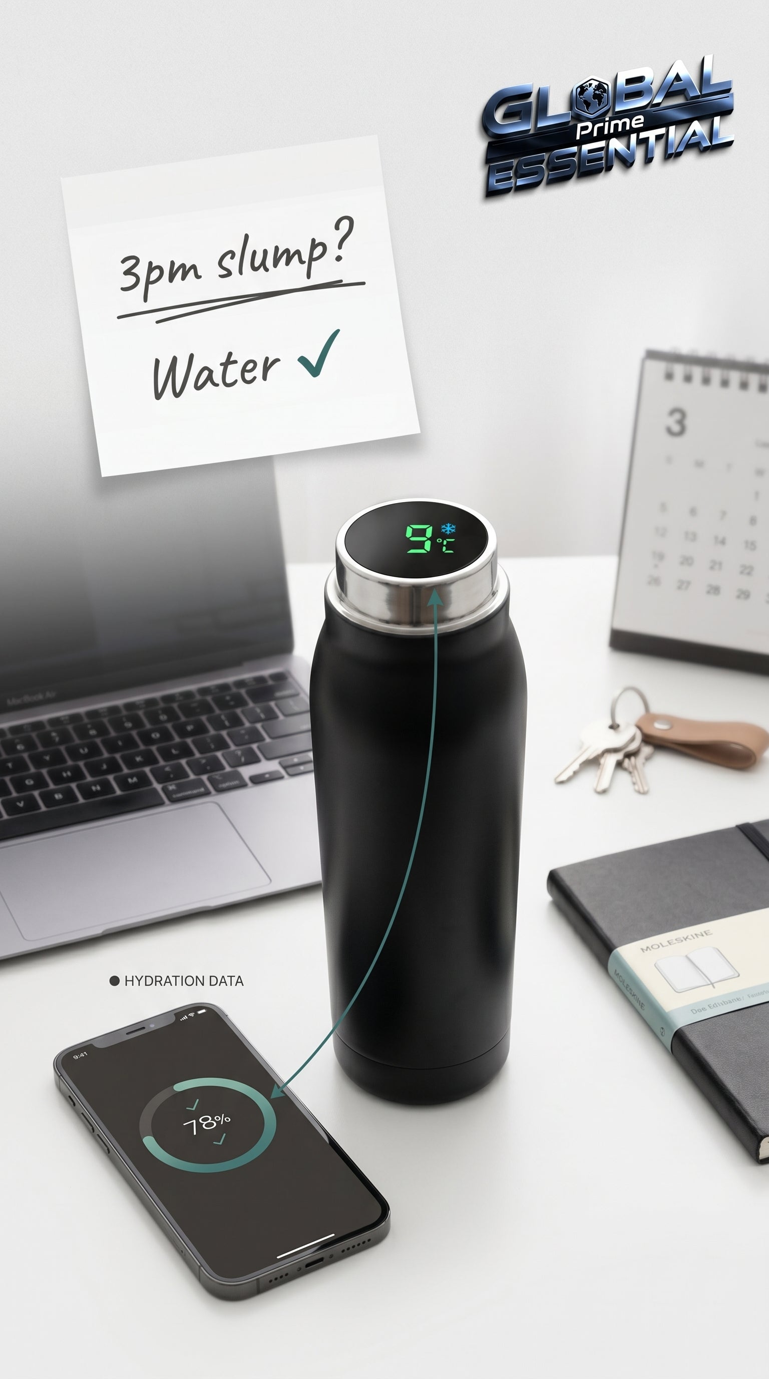 Smart Tuya water bottle by Global Prime Essential with smart hydration features on autopilot display, sleek and portable design.