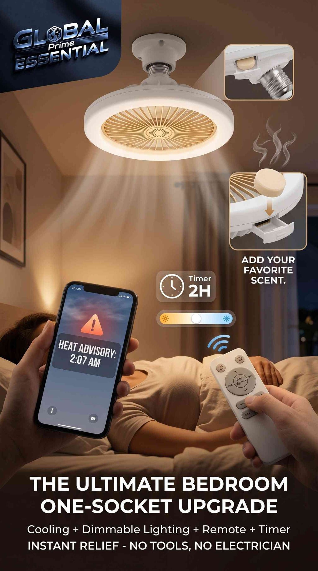 Global Prime Essential light socket fan with remote control, dimmable LED, aromatherapy, and E26 fit for cooling and relaxation.