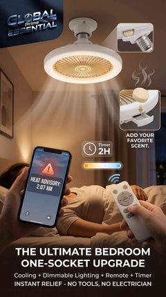 Global Prime Essential light socket fan with remote control, dimmable LED, aromatherapy, and E26 fit for cooling and relaxation.