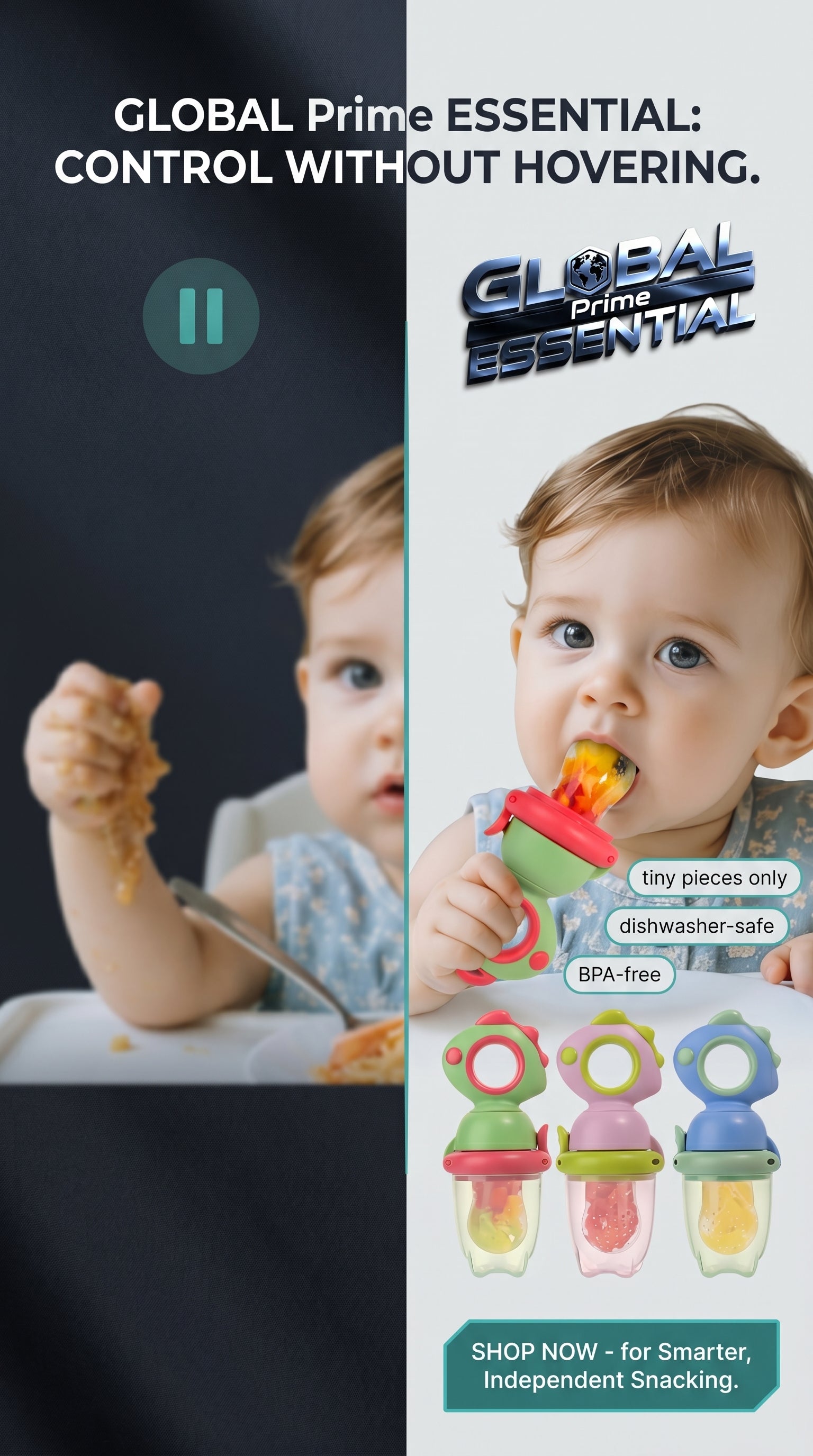 Global Prime Essential baby fruit squeezer feeder with smart snacking control, easy to use and safe for infants.