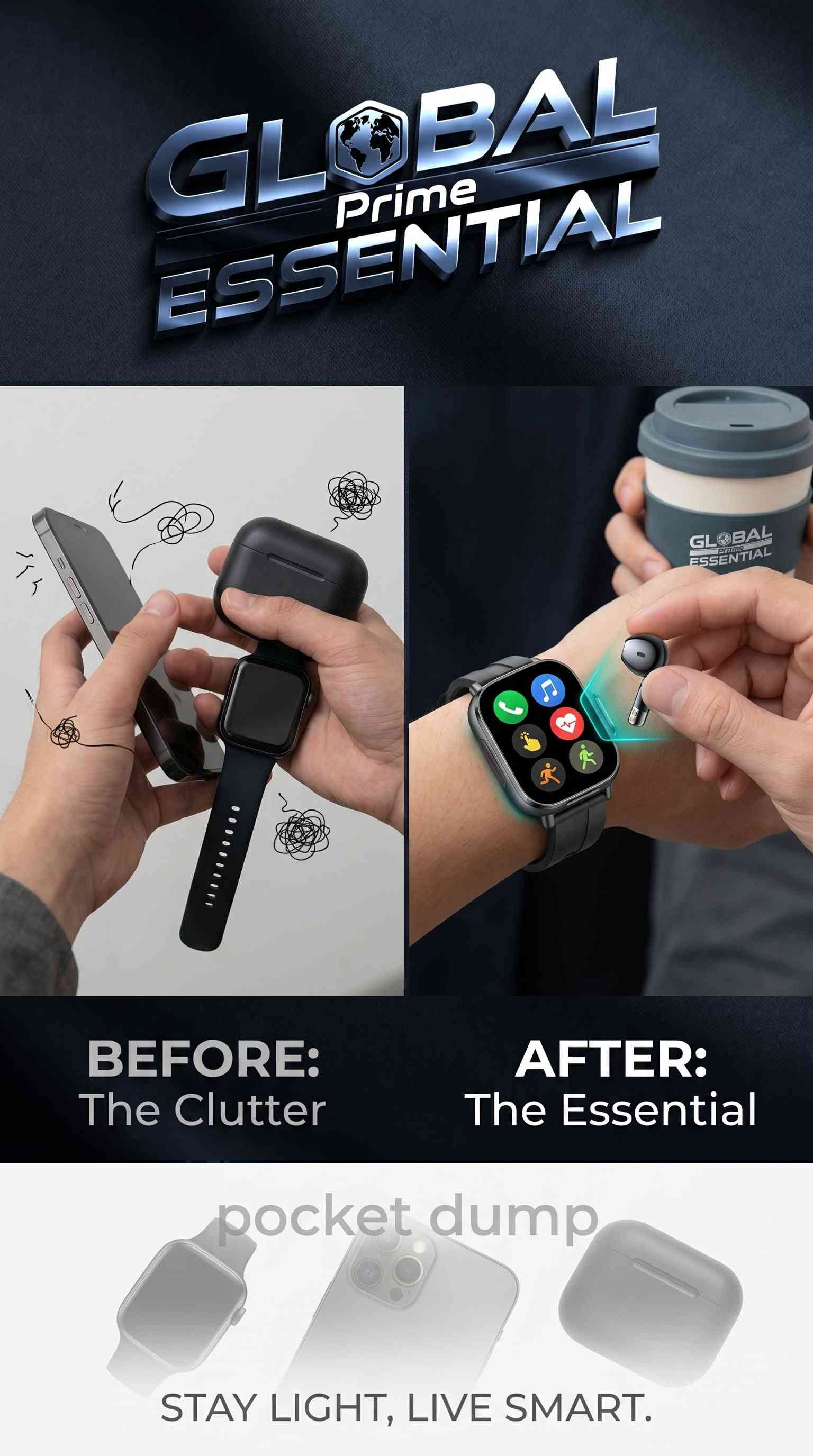 Global Prime Essential 2-in-1 smartwatch with HD screen and Bluetooth earbuds, featuring heart rate monitor and 100+ sports modes.