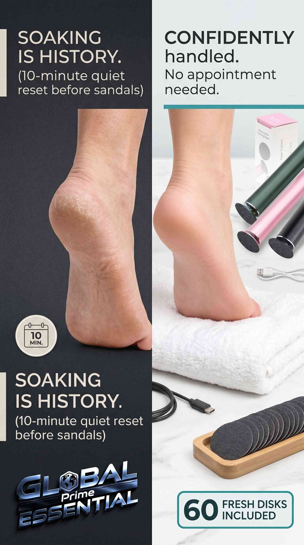 Global Prime Essential electric rechargeable pedicure file with 360° rotating head, 60 disks, and callus removal for smooth heels.