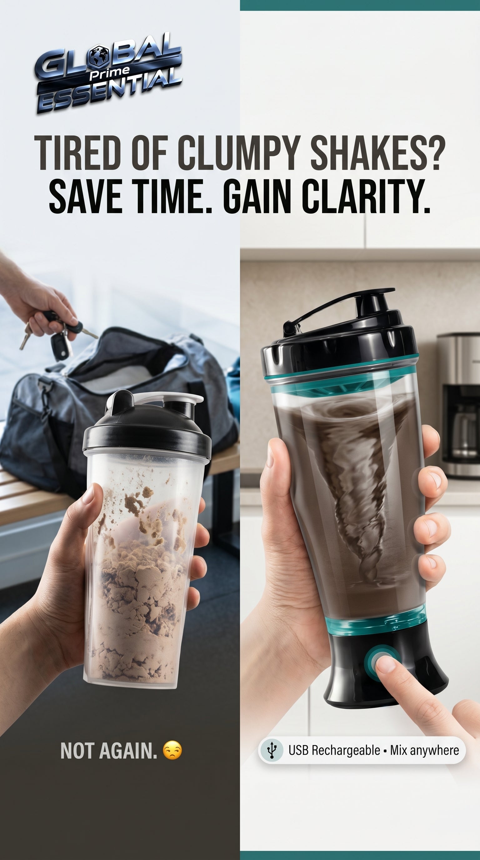 Global Prime Essential automatic protein shaker bottle with electric mixer for smooth, clump-free fitness shakes.