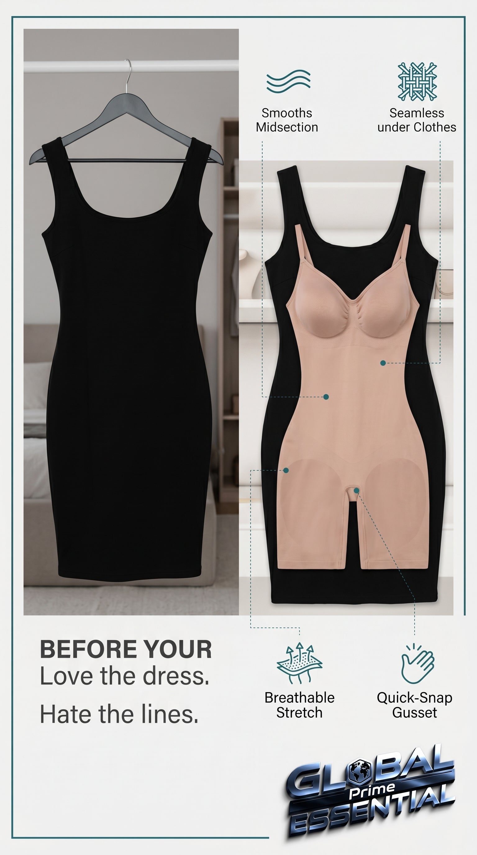 Global Prime Essential shapewear bodysuit smoothing curves and reducing lines for a seamless, flattering fit under any outfit.