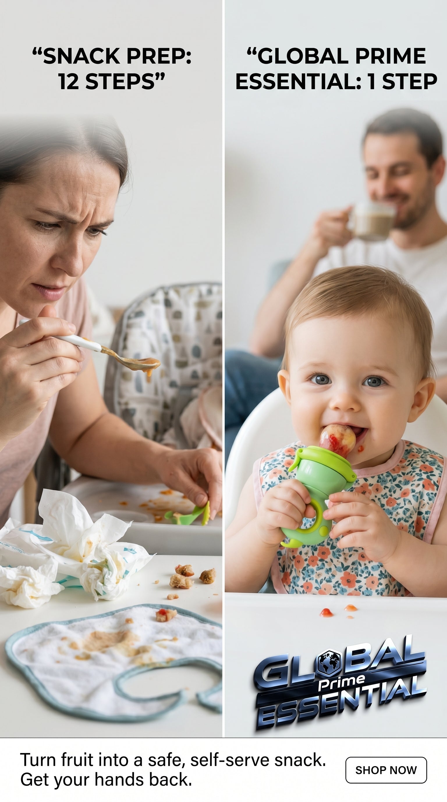 Global Prime Essential baby fruit squeezer feeder with vibrant, compact design for mess-free feeding of pureed fruits to infants.
