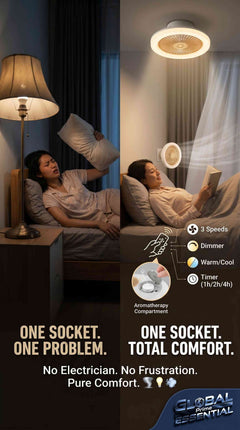 Global Prime Essential light socket fan with remote control, dimmable LED, 3-speed airflow, aromatherapy feature, E26 fit.