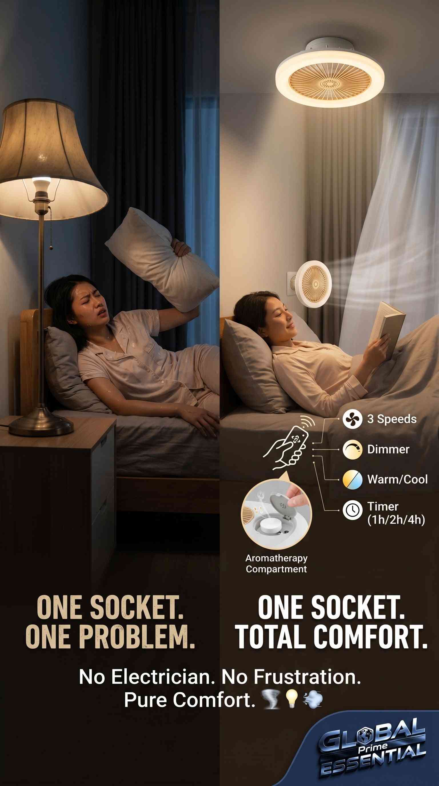 Global Prime Essential light socket fan with remote control, dimmable LED, 3-speed airflow, aromatherapy feature, E26 fit.