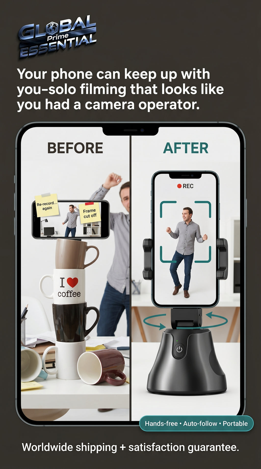 Global Prime Essential face tracking phone holder with 360° auto-follow stand for hands-free videos and live streaming.