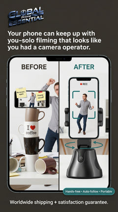 Global Prime Essential face tracking phone holder with 360° auto-follow stand for hands-free videos and live streaming.