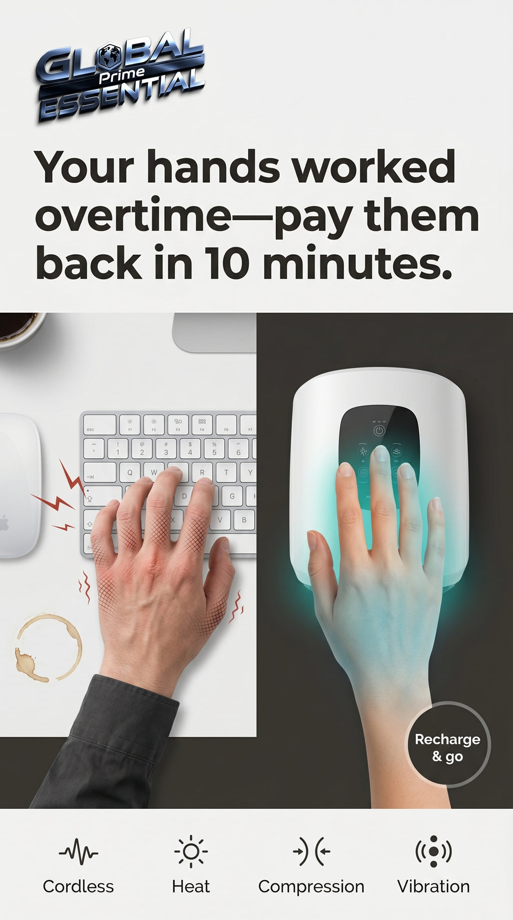 Wireless electric hand massager by Global Prime Essential relieving sore hands with a relaxing massage in just 10 minutes.