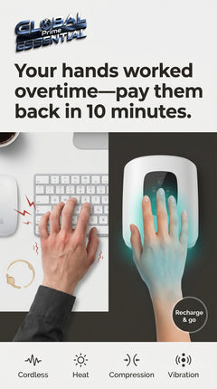 Wireless electric hand massager by Global Prime Essential relieving sore hands with a relaxing massage in just 10 minutes.