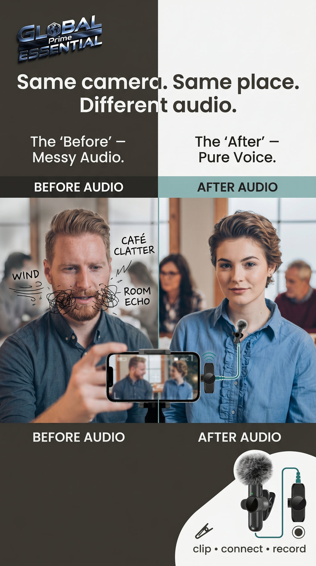 Global Prime Essential Wireless Lavalier Microphone set up for professional sound recording anywhere
