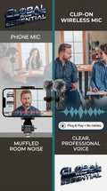 Global Prime Essential Wireless Lavalier Microphone with clear audio, compact design, ideal for professional recording and broadcasting.