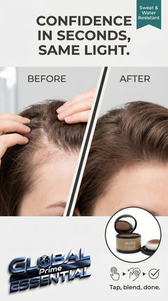 Global Prime Essential Hairline Powder for thinning areas, instant root filler for sparse hairlines and natural-looking hair volume.