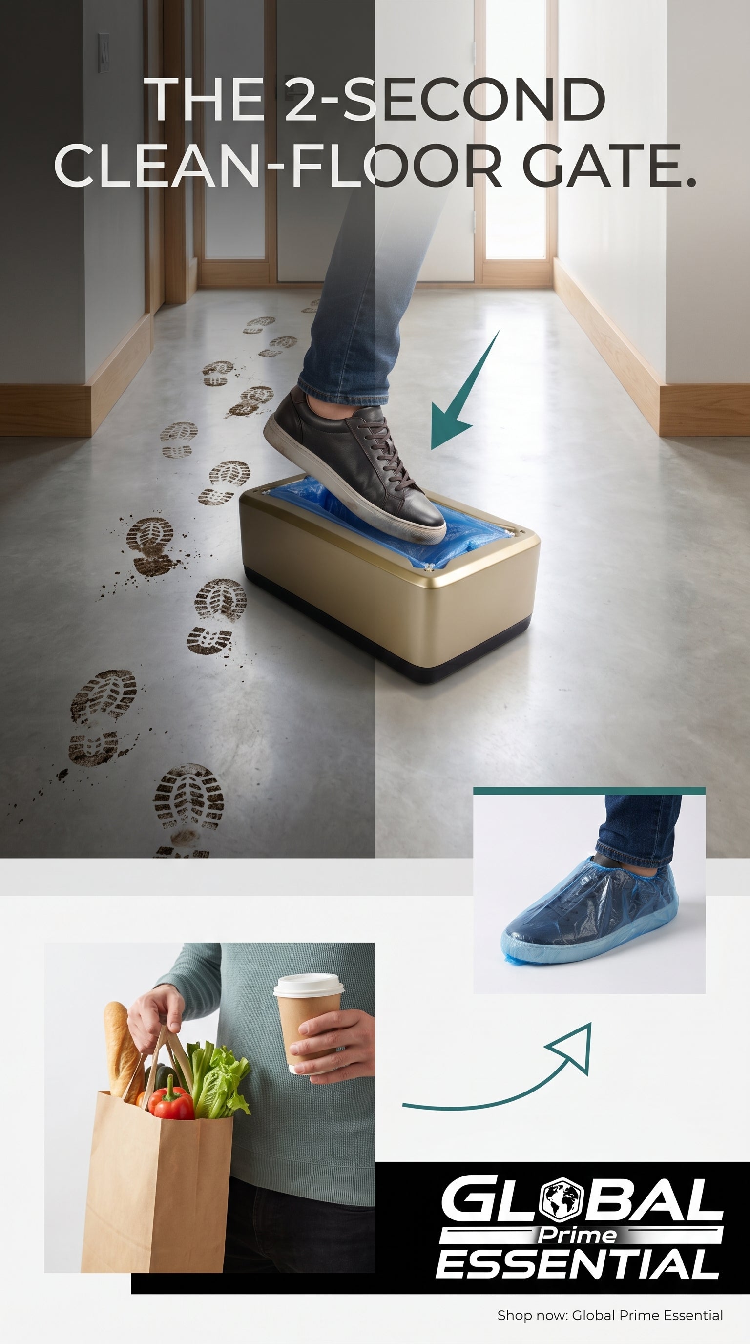 Global Prime Essential automatic shoes cover dispenser on a clean floor, showcasing easy footwear protection and hygienic floor maintenance.