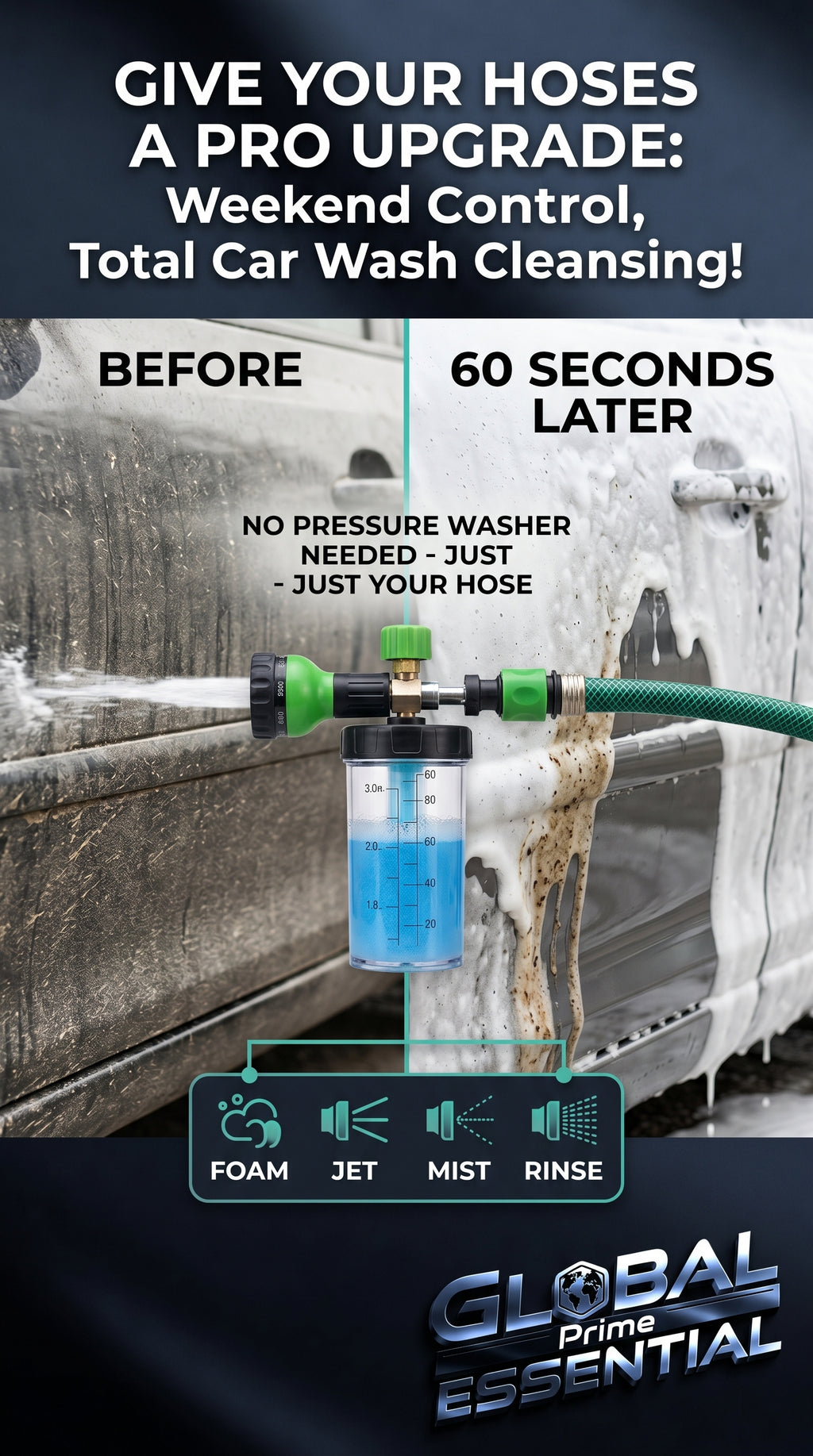 Global Prime Essential pressure hose nozzle foam gun attached to a pressure washer for effective cleaning with foam spray.