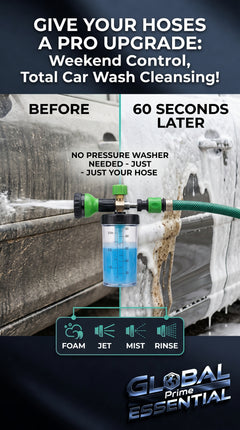 Global Prime Essential pressure hose nozzle foam gun attached to a pressure washer for effective cleaning with foam spray.