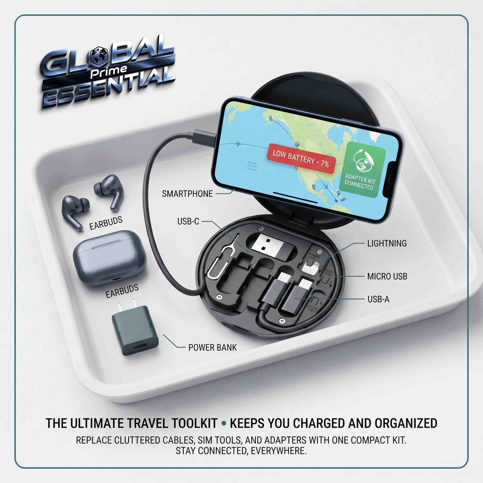 Global Prime Essential multi charging adapter kit with USB-C, Lightning, Micro USB, and USB-A cables for versatile phone charging.