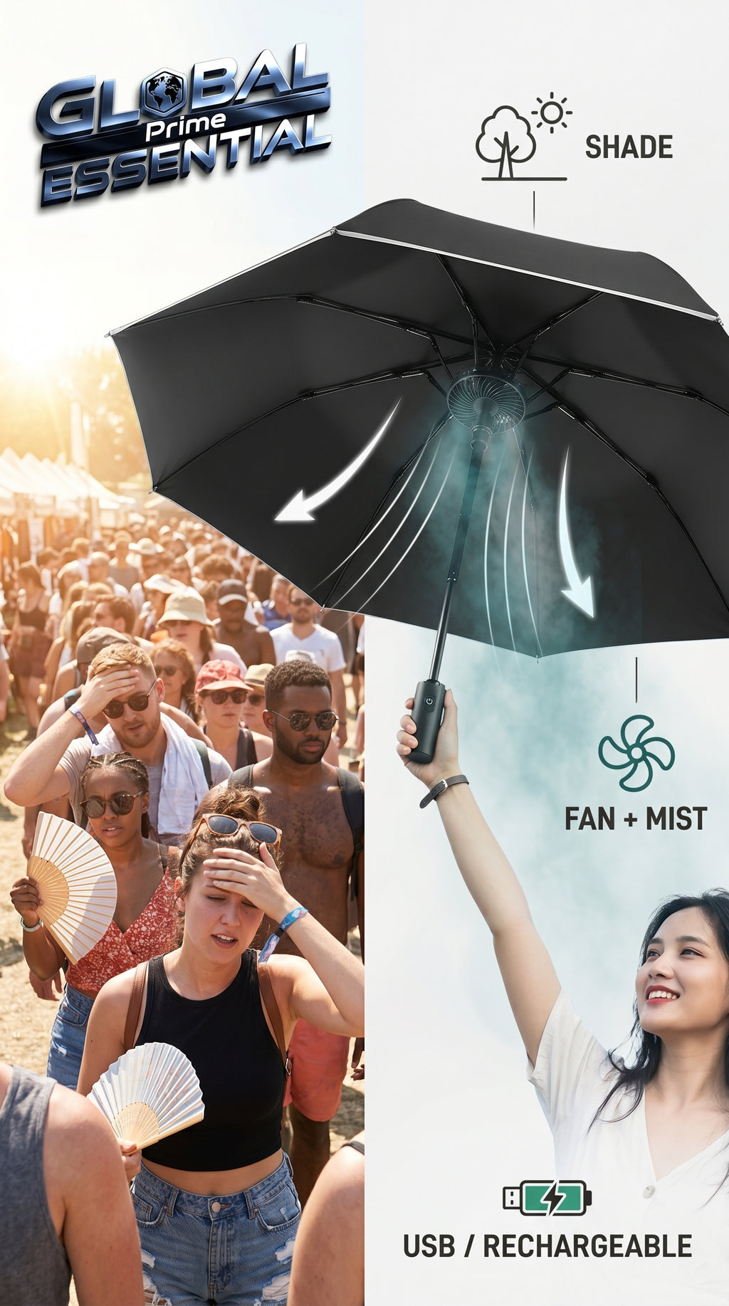 Portable Global Prime Essential umbrella with built-in fan and misting system for outdoor cooling and sun protection.
