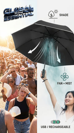 Portable Global Prime Essential umbrella with built-in fan and misting system for outdoor cooling and sun protection.