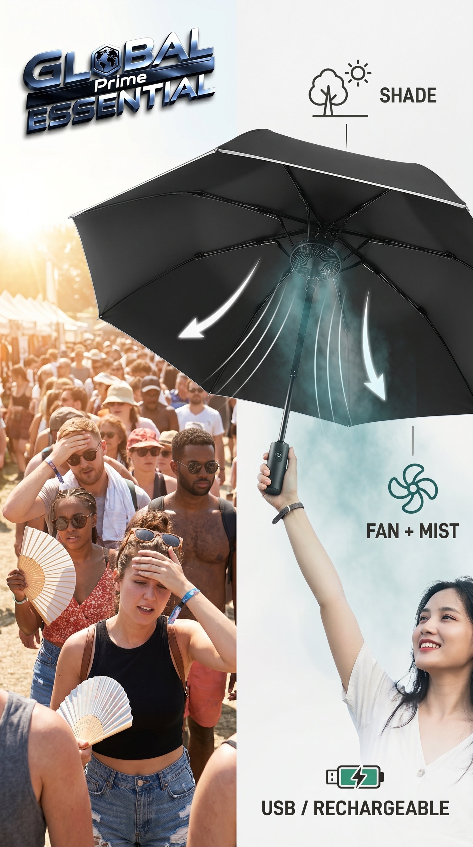 Portable Global Prime Essential umbrella with built-in fan and misting system for outdoor cooling and sun protection.