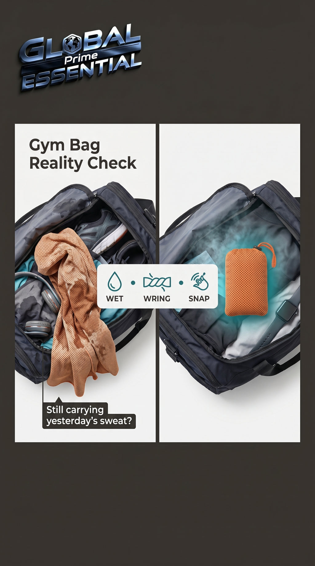 Global Prime Essential quick-dry sports cooling towel being carried, showing its lightweight and moisture-wicking fabric.