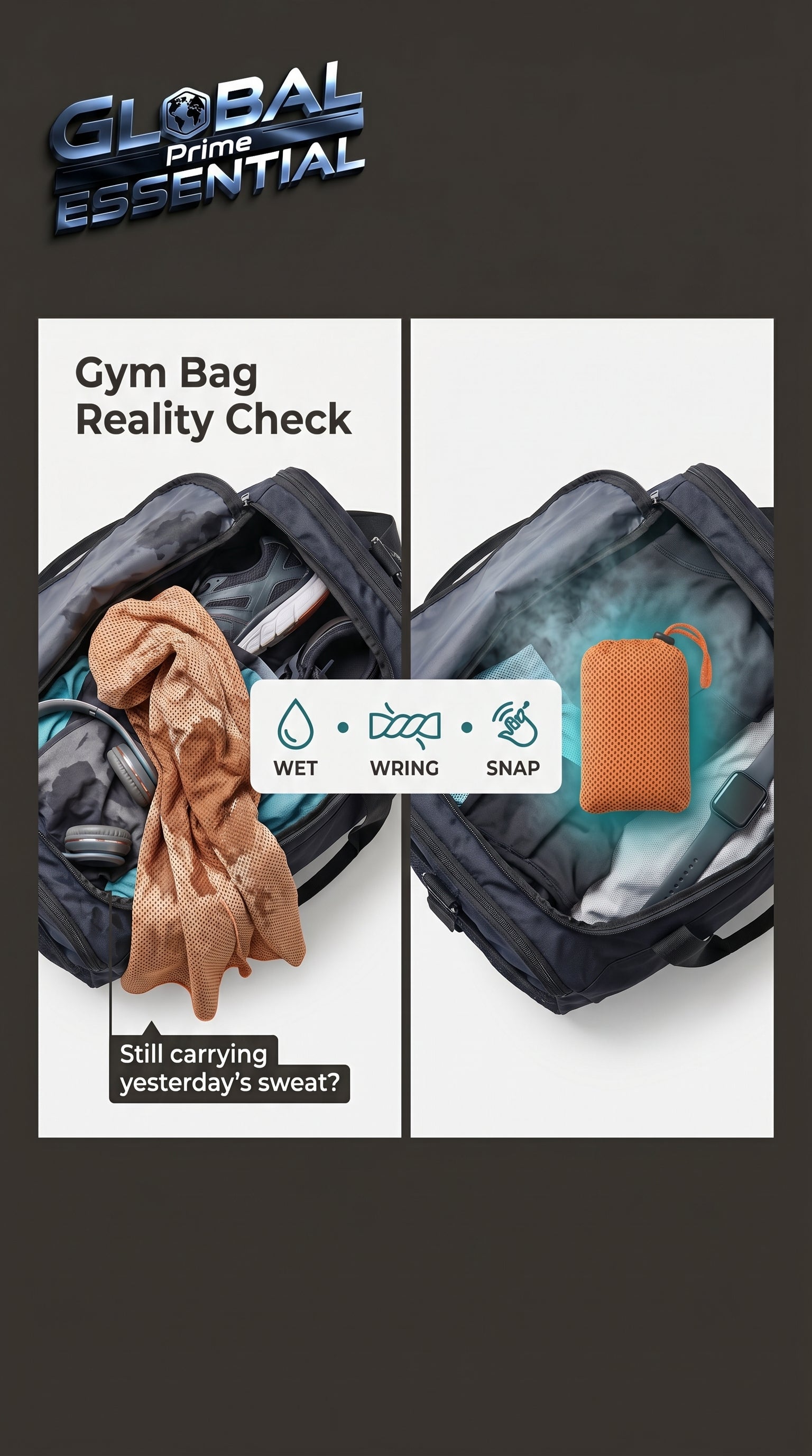 Global Prime Essential quick-dry sports cooling towel being carried, showing its lightweight and moisture-wicking fabric.