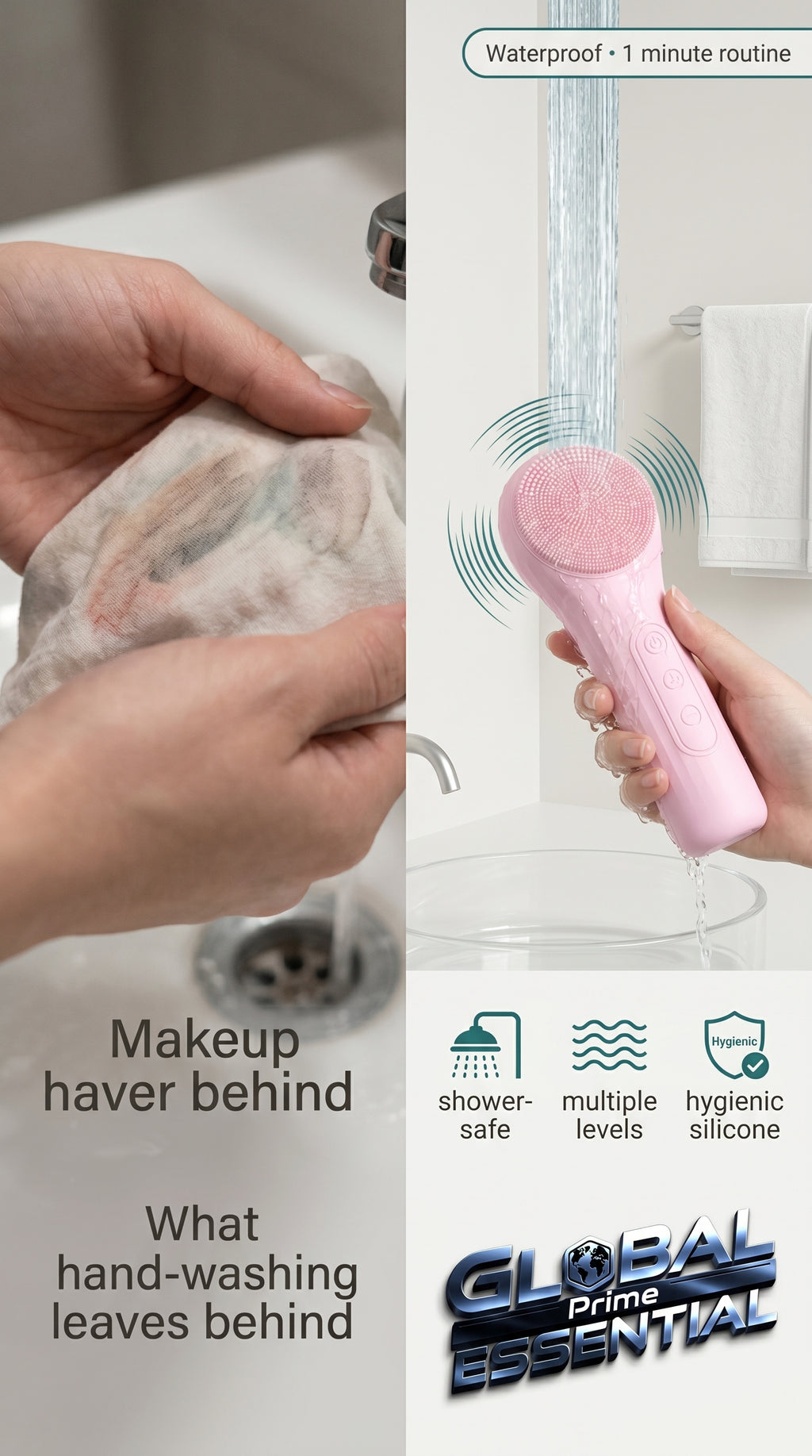 Global Prime Essential Sonic Waterproof Facial Cleansing Brush being used to wash a face for deep pore cleansing and smoother skin.