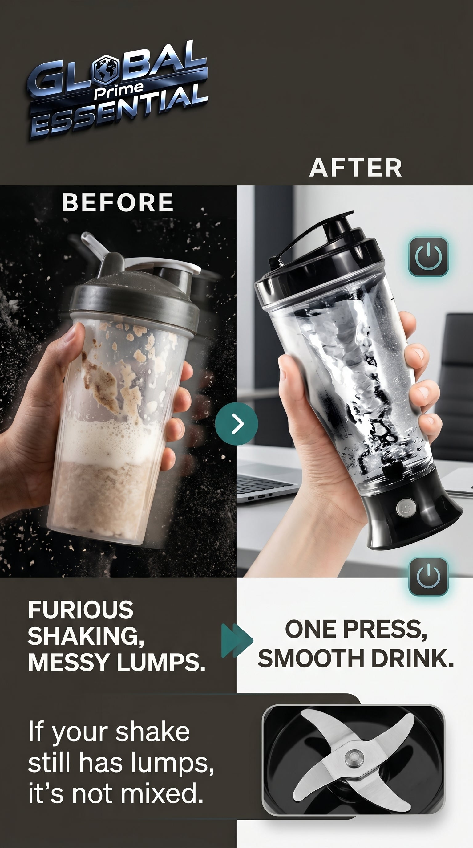 Global Prime Essential automatic protein shaker bottle with electric mixer for smooth, lump-free protein shakes.