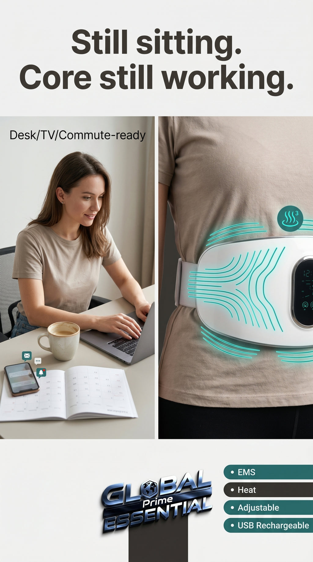 Global Prime Essential electric weight loss massage belt in use, showing its adjustable design and targeted abdominal massage features.