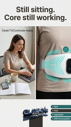 Global Prime Essential electric weight loss massage belt in use, showing its adjustable design and targeted abdominal massage features.