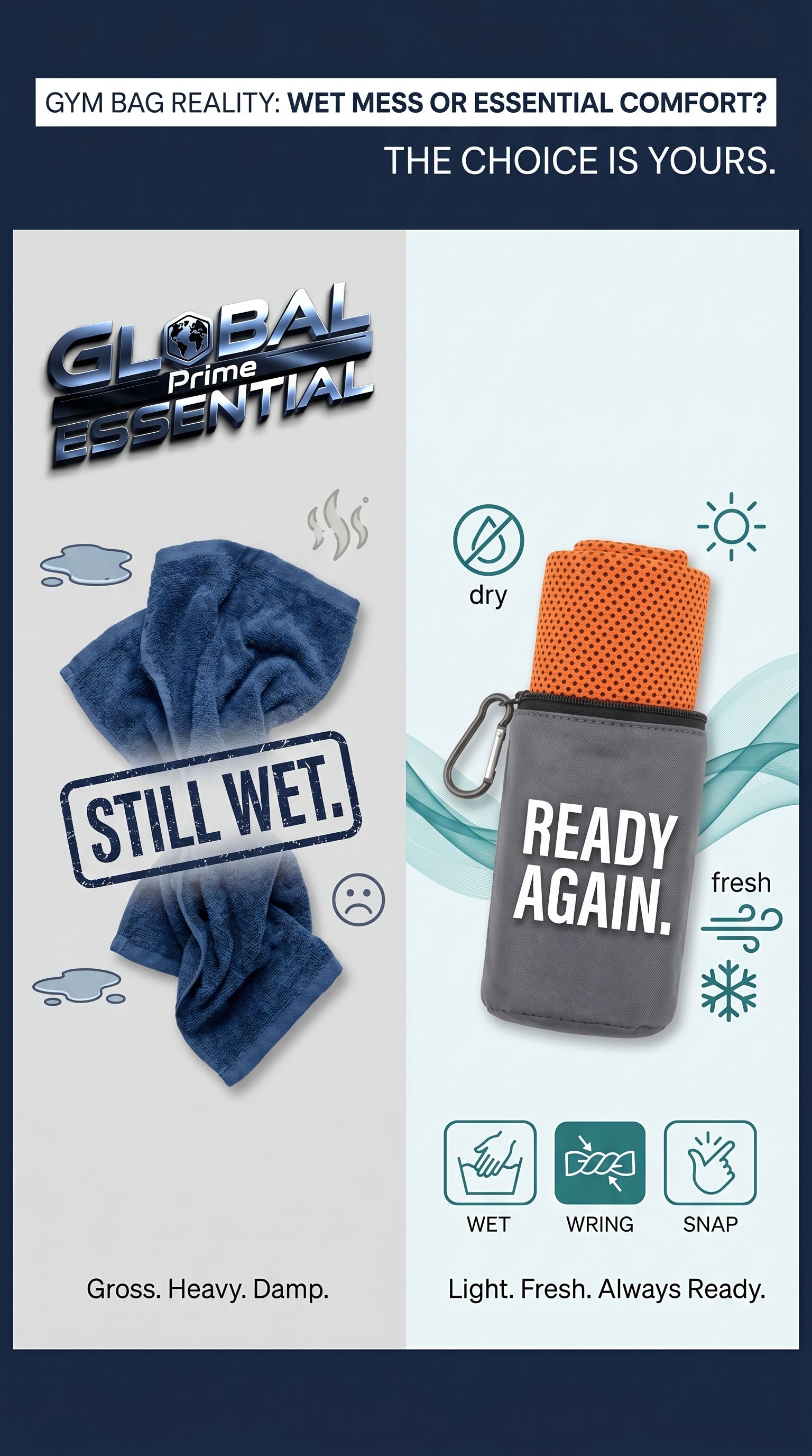 Global Prime Essential quick-dry sports cooling towel soaked in a gym bag, ready for cooling and workout use.
