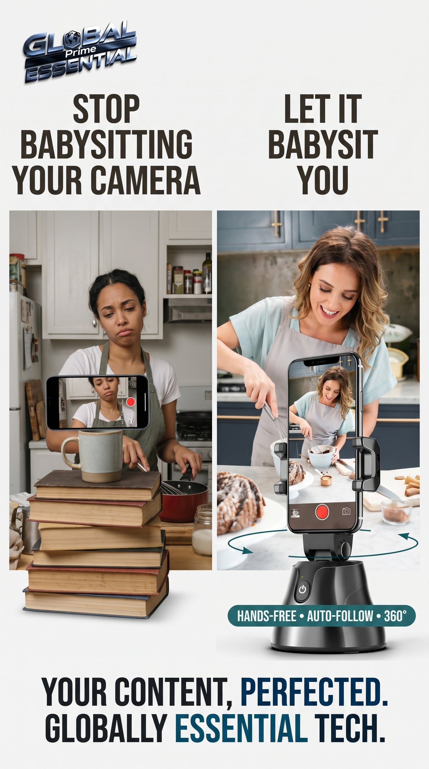 Global Prime Essential face tracking phone holder with 360° auto-follow stand for hands-free videos and live streaming.