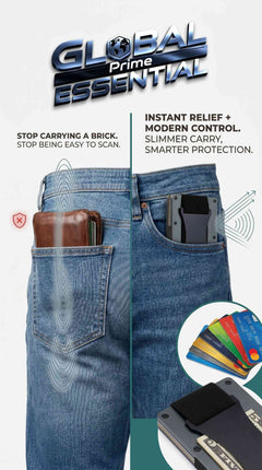 Global Prime Essential minimalist RFID blocking aluminum wallet with slim design, holds 15 cards and cash strap in various colors.